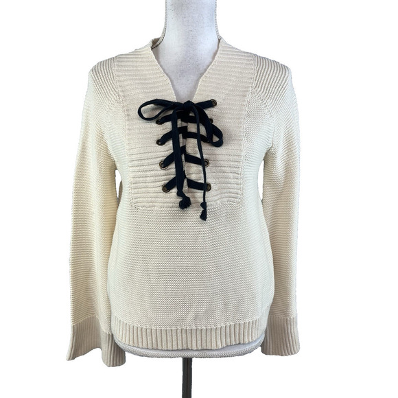 Marled Reunited Clothing Sweater size Small Ivory Navy Lace Up Front Nautical - Picture 1 of 7
